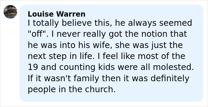 Screenshot of a social media comment discussing 19 Kids And Counting star Joseph Garrett Duggar and disturbing allegations.