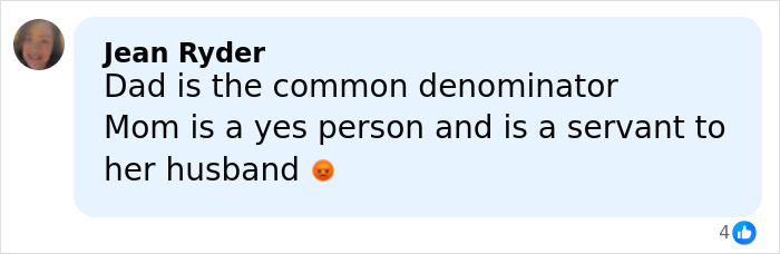 Comment by Jean Ryder expressing frustration about family dynamics, related to 19 Kids And Counting star Joseph Garrett Duggar arrest.