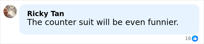 Comment by Ricky Tan saying the counter suit will be even funnier in a social media post about Lion King composer lawsuit.