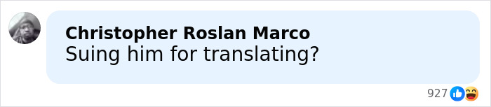 Commenter Christopher Roslan Marco asking about suing over translation in a social media post on viral Lion King lyrics joke.