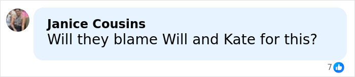Facebook comment by Janice Cousins questioning if Will and Kate will be blamed related to Netflix cuts with Meghan Markle.
