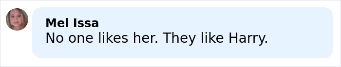 A social media comment by Mel Issa stating no one likes Meghan Markle, they prefer Harry, referencing Netflix cuts ties.