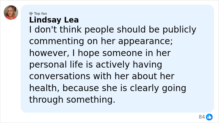 Comment from Lindsay Lea expressing concern about Kelly Osbourne’s health amid public comments on her appearance. Comment from Lindsay Lea expressing concern about Kelly Osbourne’s health amid public comments on her appearance.