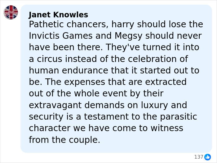 User comment criticizing Harry and Meghan for their involvement in the Invictus Games amid bombshell claims and furious reactions.