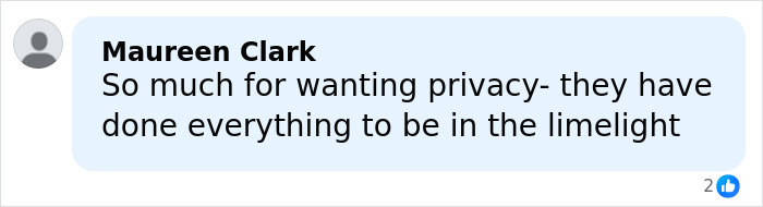 Comment by Maureen Clark reacting to Harry and Meghan with a statement about privacy and limelight on social media.