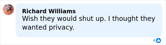 Comment by Richard Williams expressing frustration and referencing privacy in response to Harry and Meghan bombshell claims.