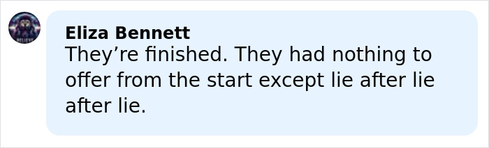 Comment from Eliza Bennett expressing strong criticism with a statement on lies, related to Harry and Meghan furious statement.