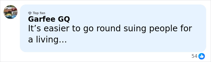 Comment from Garfee GQ, top fan, expressing opinion on suing people for a living in a social media post.