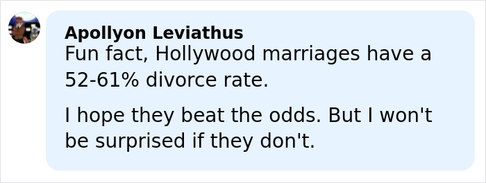 Comment mentioning Hollywood divorce rates and hope for Zendaya and Tom Holland's private romantic life to beat the odds.