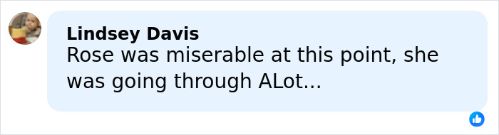 Comment from Lindsey Davis discussing Rose's difficult experience, related to Kaley Cuoco calls out former co-star after 20 years.