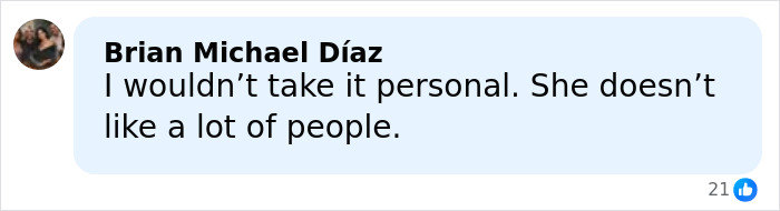 Comment by Brian Michael Díaz saying he wouldn’t take it personal as she doesn’t like a lot of people, related to Kaley Cuoco call out