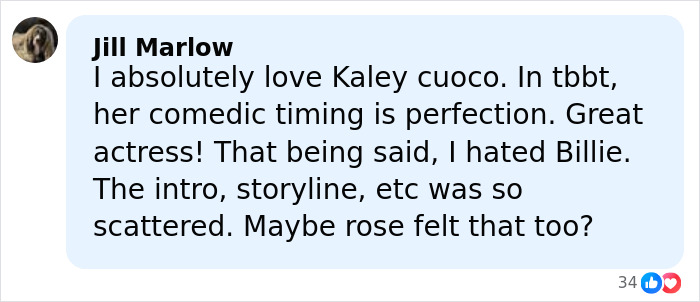 Comment praising Kaley Cuoco’s comedic timing while mentioning her former co-star and a scattered storyline in TBBT.