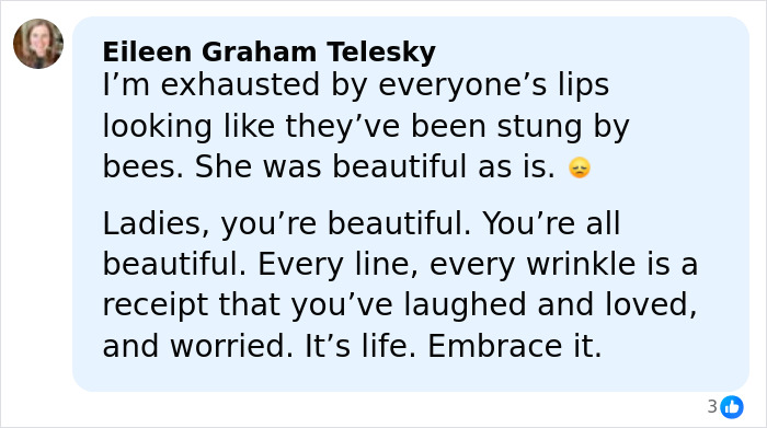 Comment from Eileen Graham Telesky reflecting on natural beauty and embracing wrinkles, opposing dramatic facelift transformation trends.