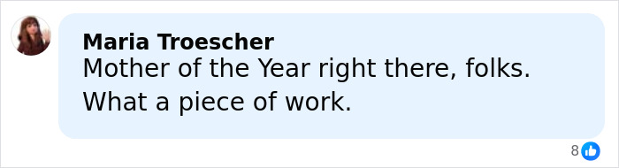 Comment from Maria Troescher criticizing a mother involved in an incident at Universal Studios leaving her daughter.