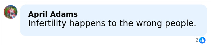 Facebook comment by April Adams stating infertility happens to the wrong people, related to mom arrested after obscene gesture incident.