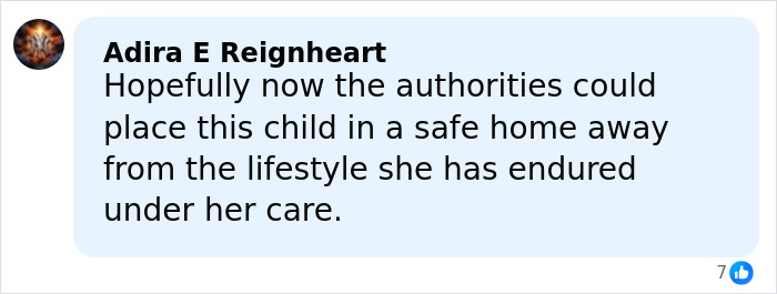 Comment from Adira E Reignheart hoping authorities place child in safe home away from mother's care after obscene gesture incident.