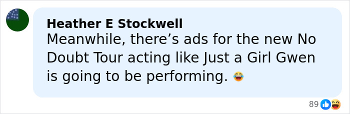 Comment from Heather E Stockwell discussing Gwen Stefani and the No Doubt Tour with reference to Just a Girl.