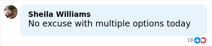 Screenshot of a Facebook comment by Sheila Williams stating no excuse with multiple options today.