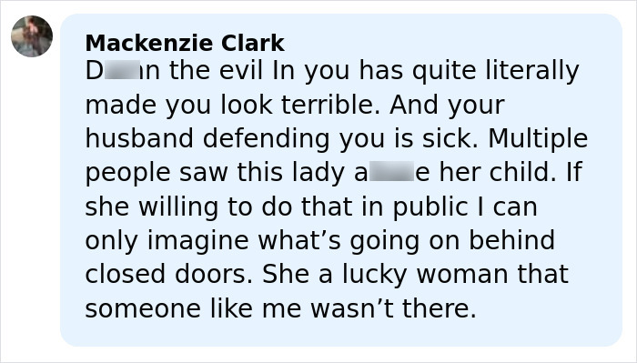 Comment from Mackenzie Clark condemning a mom of 5-year-old arrested for crimes witnessed by a festival crowd.