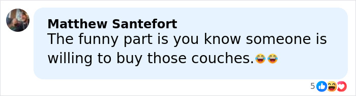 Facebook comment by Matthew Santefort joking about people willing to buy used couches, related to viral Florida woman mugshot. Facebook comment by Matthew Santefort joking about people willing to buy used couches, related to viral Florida woman mugshot.