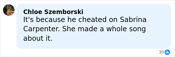 Comment by Chloe Szemborski discussing backlash involving Barry Keoghan and Sabrina Carpenter fans over his looks. Comment by Chloe Szemborski discussing backlash involving Barry Keoghan and Sabrina Carpenter fans over his looks.