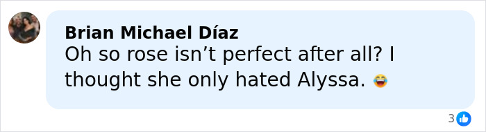 Comment by Brian Michael Díaz expressing surprise about Rose’s character, related to Kaley Cuoco calling out former co-star.