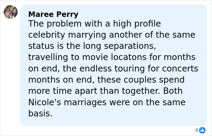 Fan comment discussing tensions in Nicole Kidman and Keith Urban's midlife crisis amid their divorce news.