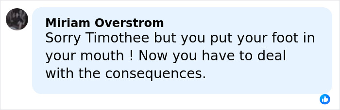 Screenshot of a social media comment criticizing Timoth&eacute;e Chalamet over ballet and opera remarks.