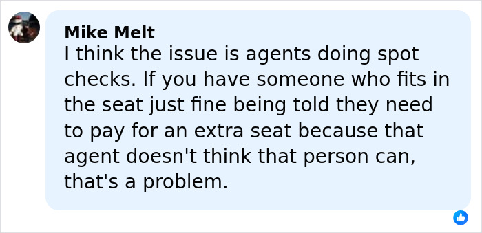 Comment by Mike Melt discussing airline customer of size policy and issues with agents enforcing extra seat charges.
