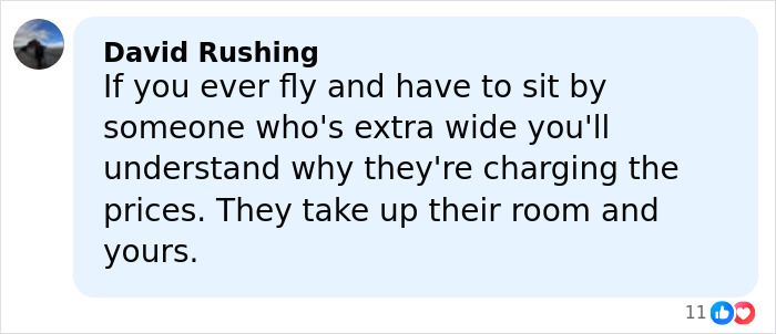 Screenshot of a social media comment discussing airline&rsquo;s new customer of size policy and charges for extra wide passengers.