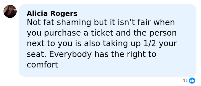 Comment from Alicia Rogers expressing concern about fairness and comfort related to airline's new customer of size policy backlash.