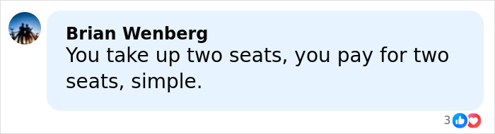 Screenshot of a social media comment criticizing the airline's new customer of size policy requiring payment for two seats.
