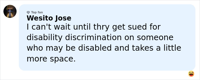 User comment criticizing airline's new customer of size policy, mentioning potential disability discrimination and space concerns.