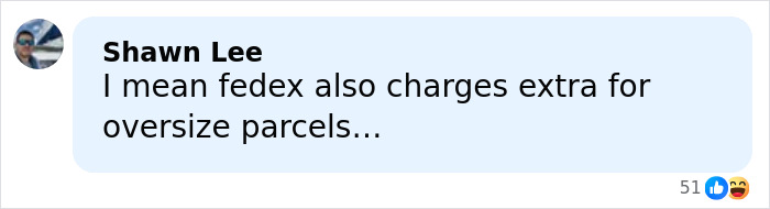Comment by Shawn Lee discussing extra charges for oversize parcels, related to airline's customer of size policy backlash.