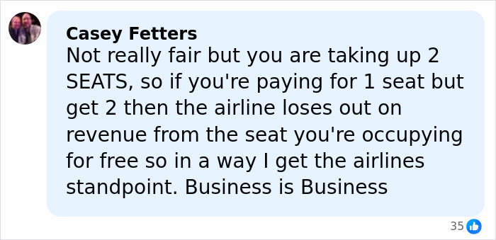 Comment explaining airline&rsquo;s new customer of size policy and discussing fairness and business perspective on seat occupancy.