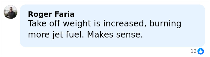 A Facebook comment criticizing airline&rsquo;s new customer of size policy, mentioning increased weight and jet fuel burning.