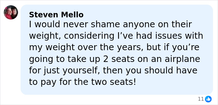 User comment discussing airline's new customer of size policy requiring passengers taking two seats to pay for both.