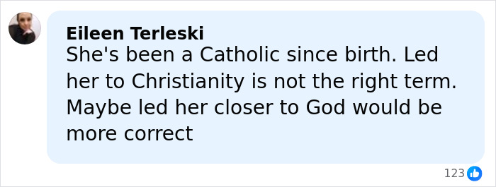 Comment stating she has been Catholic since birth, clarifying Gwen Stefani&rsquo;s Christian pivot and faith journey.