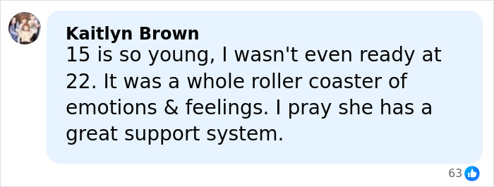Comment about a 15-year-old pregnant by a 12-year-old, expressing concern and hope for strong support.