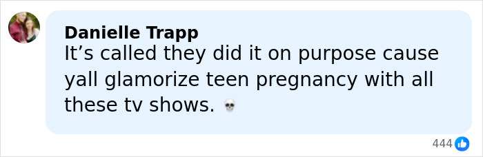 Screenshot of a social media comment discussing teen pregnancy and its portrayal on TV shows with an emoji skull.