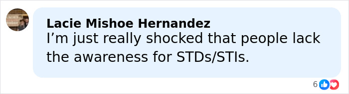 Commenter Lacie Mishoe Hernandez expressing shock about public lack of awareness of STDs and STIs in an online discussion.