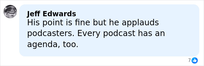 Comment from Jeff Edwards discussing podcasters and agendas in a social media post about Vince Vaughn and late-night hosts.
