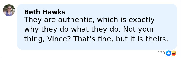 Comment from Beth Hawks defending authenticity in response to Vince Vaughn criticizing late-night hosts Jimmy Kimmel and Stephen Colbert.