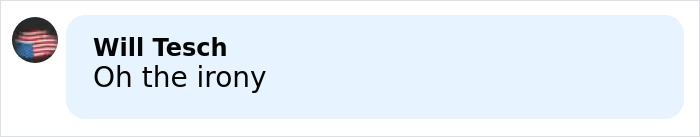 Comment by Will Tesch saying Oh the irony, displayed in a light blue speech bubble on a digital platform.