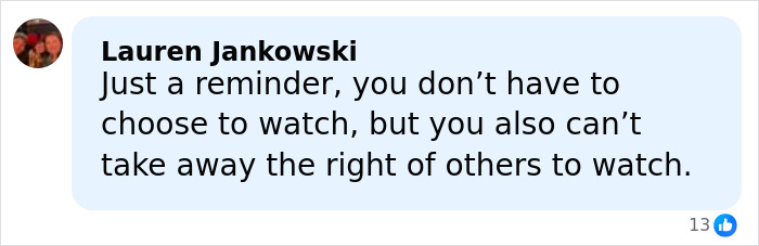 Text comment by Lauren Jankowski about the right to watch shows, related to Vince Vaughn rips into late-night hosts topic.