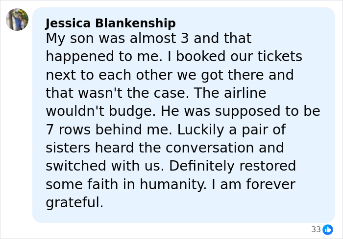 Comment from Jessica Blankenship sharing an experience about airline separating her from her child during a flight. Comment from Jessica Blankenship sharing an experience about airline separating her from her child during a flight.