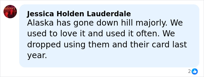 Screenshot of Facebook comment by Jessica Holden Lauderdale criticizing Alaska Airlines for poor service and lost loyalty. Screenshot of Facebook comment by Jessica Holden Lauderdale criticizing Alaska Airlines for poor service and lost loyalty.