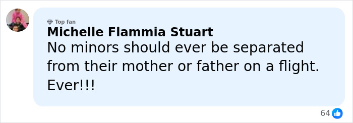Comment by Michelle Flammia Stuart expressing that minors should never be separated from parents on a flight during Brenda Song’s airline complaint. Comment by Michelle Flammia Stuart expressing that minors should never be separated from parents on a flight during Brenda Song’s airline complaint.