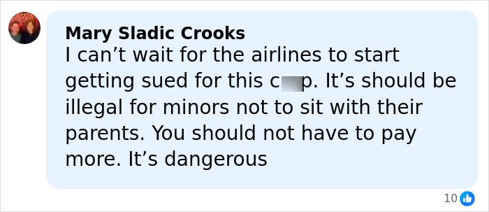 Facebook comment criticizing airline practices of separating families, highlighting dangers of minors not sitting with parents. Facebook comment criticizing airline practices of separating families, highlighting dangers of minors not sitting with parents.