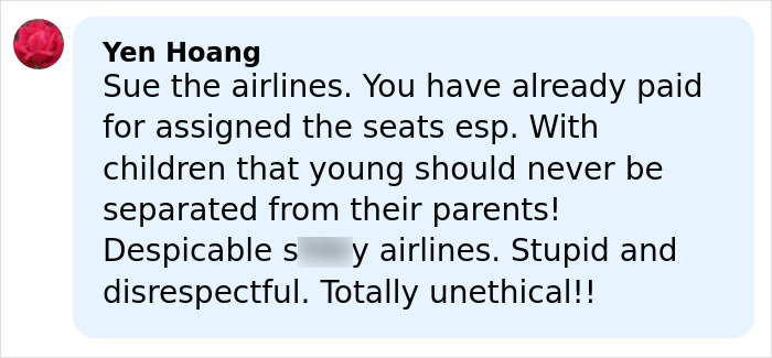 ALT text: Online comment criticizing airline for separating Brenda Song and Macaulay Culkin from their kids during flight issue ALT text: Online comment criticizing airline for separating Brenda Song and Macaulay Culkin from their kids during flight issue